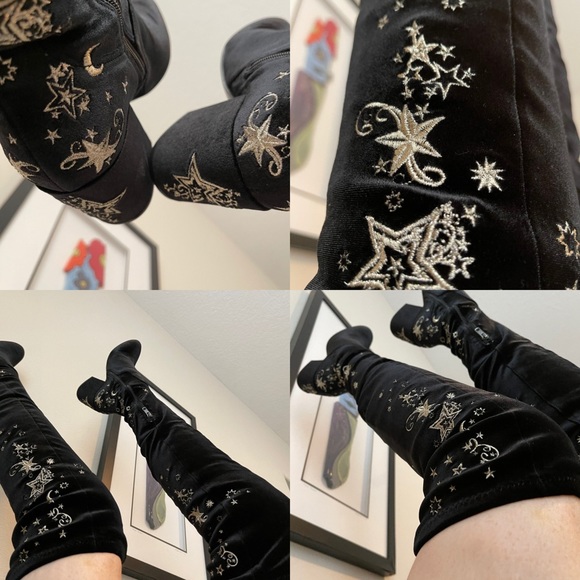 ASH Eros Black Velvet Star Over the Knee Boots - Picture 4 of 16